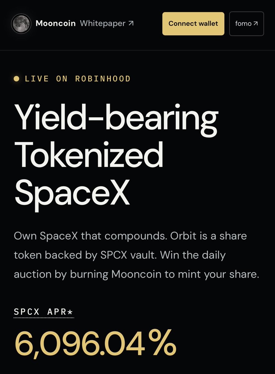 mooncoin_it's tweet photo. Robinhood is for MemeFi.

Yield bearing tokenized stocks, powered by memes has the potential to be the next meta on Robinhood. It will be much bigger than stock memes.

Mooncoin is an onchain DAT for SpaceX and enables yield on SPCX using a unique DeFi primitive called ORBIT. 

You should look into it. See the current APR on SPCX.