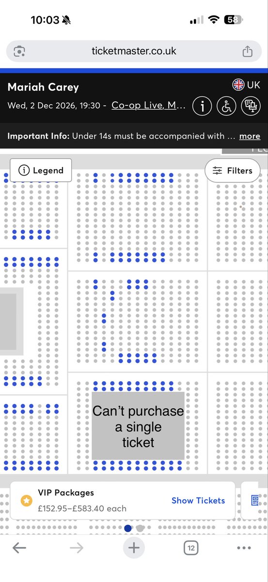CallumEdwardsUK's tweet photo. Ticketmaster NEED to look into this policy of not leaving a single ticket!
As a single person hoping to see Mariah Carey this Christmas, I was physically unable to buy any of the available tickets as they were all paired. 
This REALLY isn’t fair! 
@TicketmasterCS @TicketmasterUK https://t.co/W1T17DYXfD