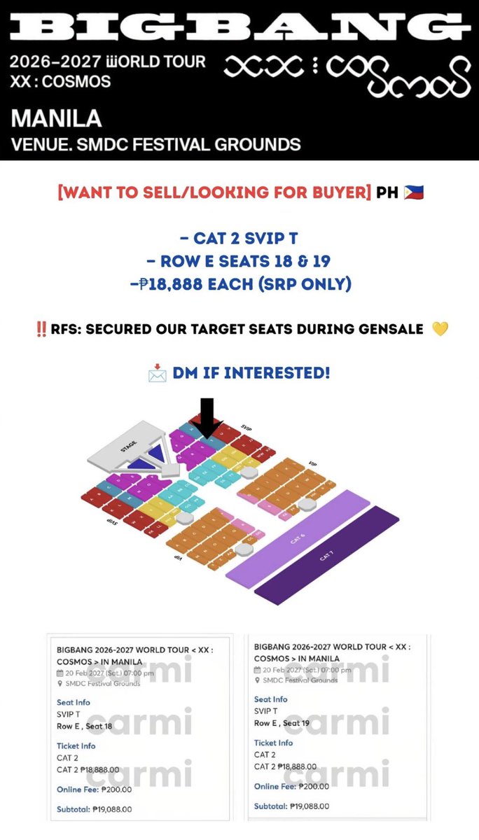 goingtosebongs's tweet photo. FS: BIGBANG 2026-2027 World Tour 
CAT 2 SVIP T
ROW E SEATS 18 &amp; 19
₱18,888 Each (SRP Only)

RFS: Secured our target seats during GenSale

Reply/DM if interested https://t.co/cTaLTQtEog