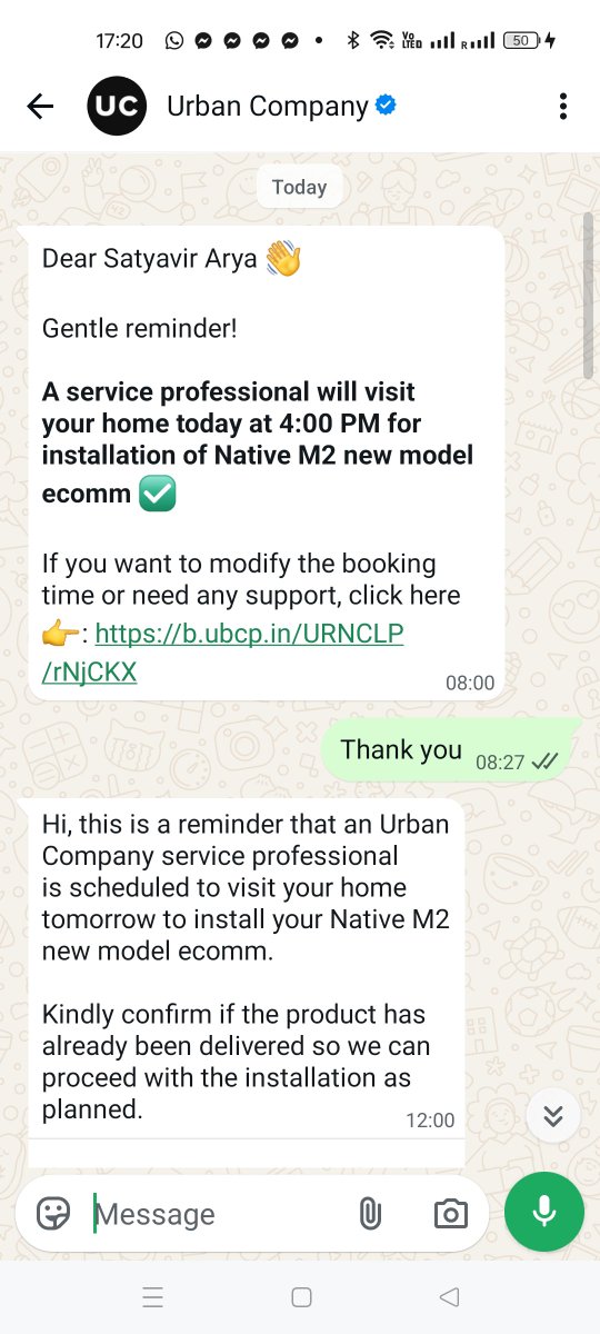 SATYAVIRARYA's tweet photo. Enough is enough @UC_Assist @urbancompany_UC  
Native M2 Pro – multiple confirmed visits ignored. Call from 022697510 promised engr at 1 PM.  Takeshwar  finally visited but could not repair.  

2-yr warranty means nothing if service keeps failing. Please  resolve on priority. https://t.co/4U1DKrIXQd