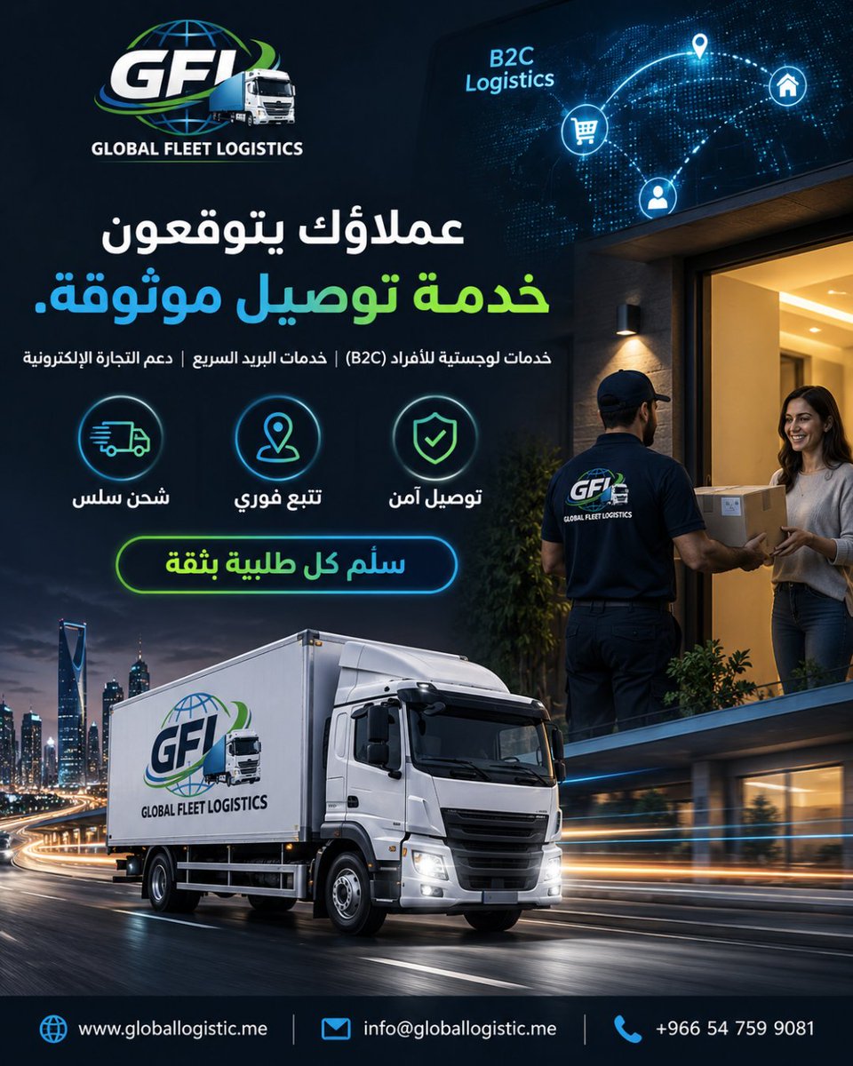 LogisticFleet's tweet photo. في شركة "Global Fleet Logistics"، نولي اهتماماً بالغاً لكل عملية توصيل، ونضمن ذلك من خلال خدمات آمنة، وتتبع فوري للشحنات، وحلول لوجستية موثوقة للمرحلة الأخيرة من التوصيل (Last-Mile Delivery)

#GlobalFleetLogistics #GFI #خدمات_لوجستية #توصيل_الميل_الأخير #خدمات_لوجستية_للمستهلك https://t.co/bGab6cl3qa