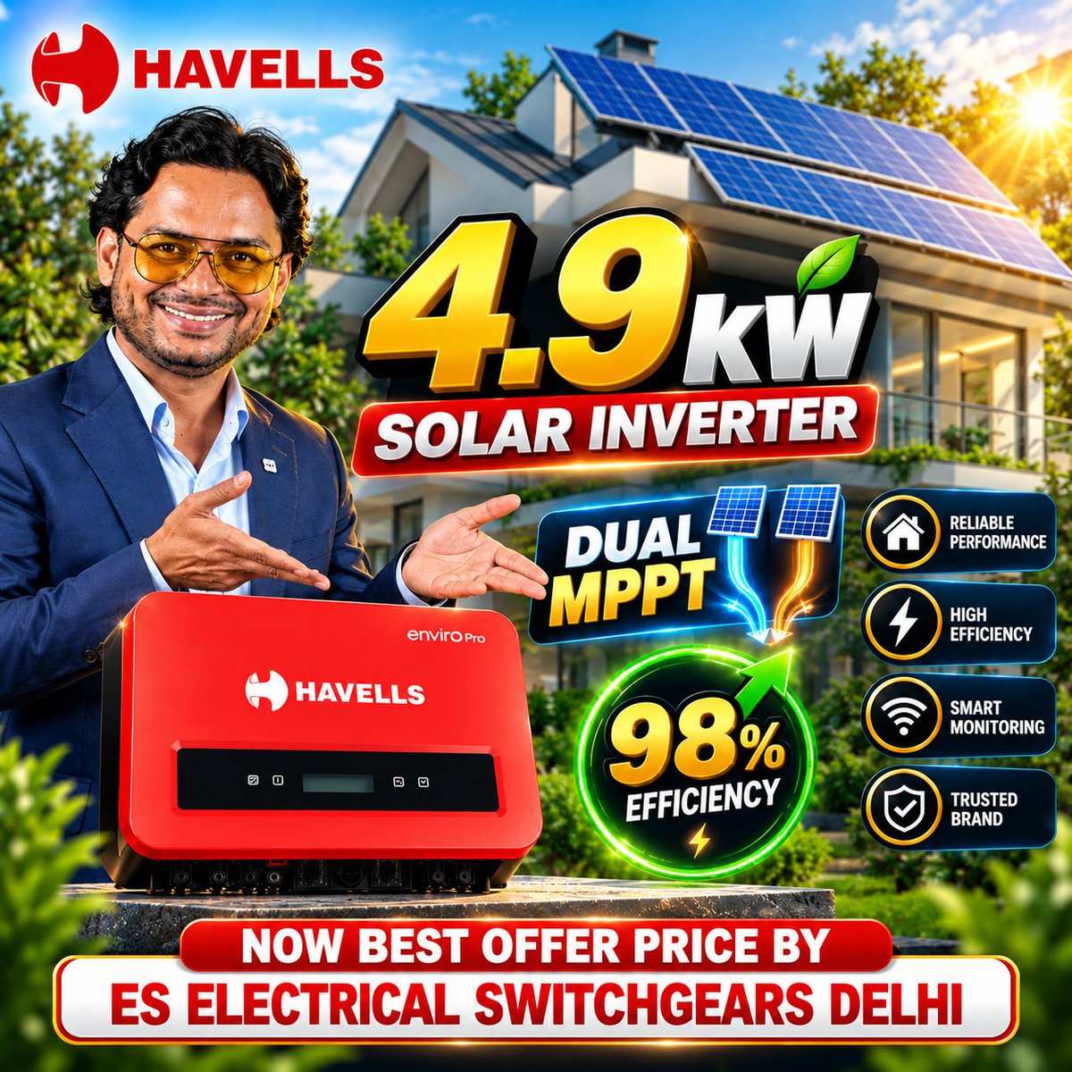 eselectrical416's tweet photo. 4.9 kW Solar Inverter में Dual MPPT! ☀️⚡

Havells Enviro GTI 5000 D:

📞 +91 63914 63914
🌐 https://t.co/AacmF6YPGZ

#Havells #SolarInverter #DualMPPT #5kWSolar #SolarEnergy #RooftopSolar #SolarIndia https://t.co/wErgDqhZco