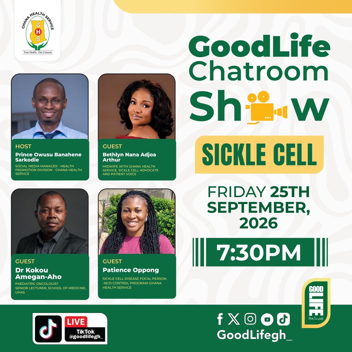 NCDAllianceGh's tweet photo. Join the #GoodLife Chatroom of the @_GHSofficial   today at 7:30pm to have an honest conversation about #sicklecell, genotype, pain, treatment, stigma, screening and what we can do to better support those living with the condition. 

#FYP #SickleCellAwareness #KnowYourGenotype https://t.co/kONsqDFdv2