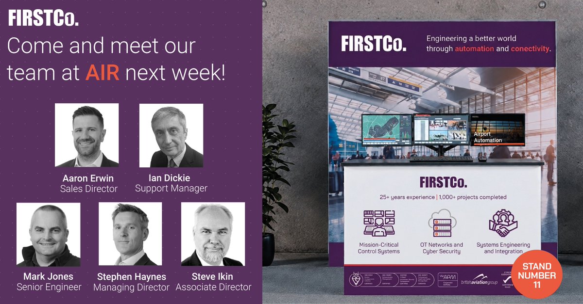 FirstcoUK's tweet photo. Come and meet the team at AIR in Excel London (Stand 11), where we’ll be demonstrating our Engineering Command &amp; Control Centre (ECC)! #AIRUK #airportinfrastructure #aviationtechnology #airports #firstco https://t.co/ZUhNoibqC9