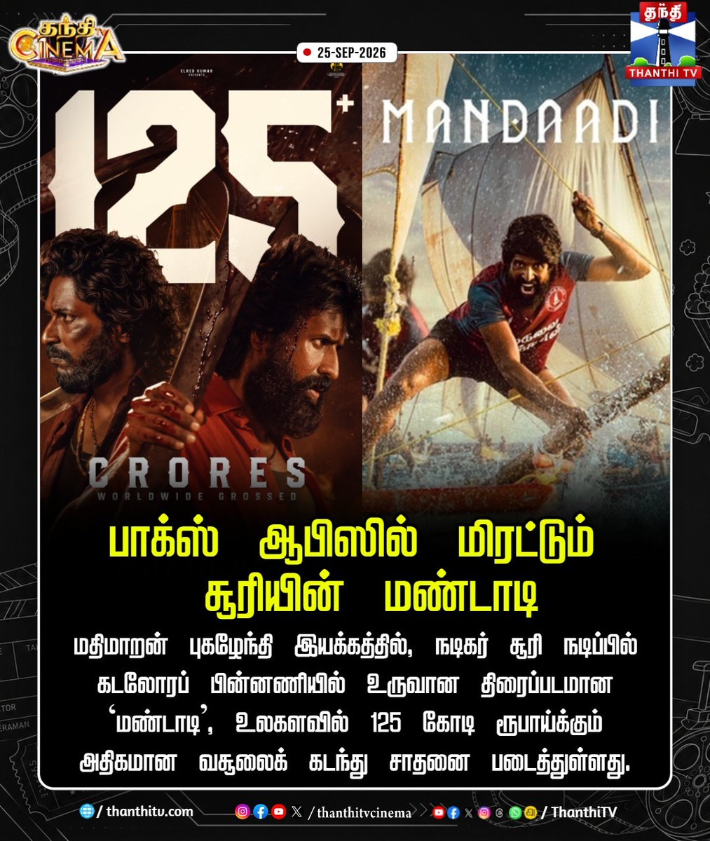 thanthitvcinema's tweet photo. பாக்ஸ் ஆபிஸில் மிரட்டும் சூரியின் 'மண்டாடி'!
#Soori #Mandaadi #MathimaranPugazhendhi #GVPrakash #Kollywood #BoxOfficeHit #TamilCinema #ThanthiTV #ThanthiTVCinema #ThanthiTVDigital #தந்திடிவிடிஜிட்டல் https://t.co/umPcQVL39h