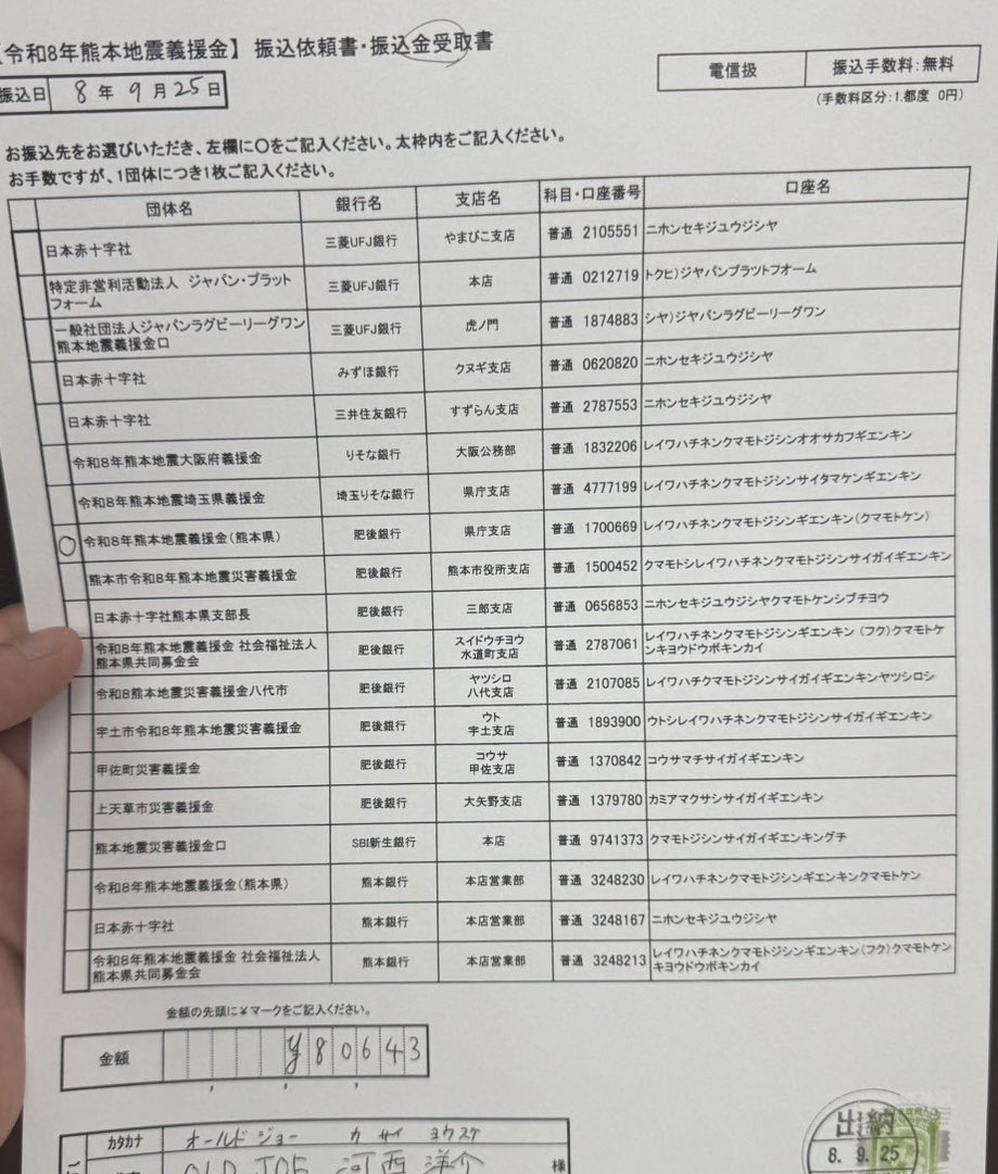 OLD_JOE_Info's tweet photo. 本日、ツアーで設置した募金箱の総額80,643円を、「令和8年熊本地震義援金」に振り込みました！
被害に遭われた地域の一日も早い復興を願っております。
ご協力ありがとうございました！

ちなみに、年内のOLD JOEのライブでは募金箱の設置を引き続き行います。
これからも宜しくお願いします。 https://t.co/K2AmxZtOEE