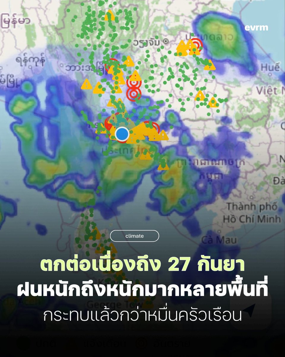 environmanth's tweet photo. ◉ CLIMATE : ฝนตกยาว ๆ สะสมไปจนถึง 27 กันยา ส่งผลน้ำท่วมฉับพลันหลายจังหวัด และกระทบแล้วกว่าหมื่นครัวเรือน
.
สำนักงานพัฒนาเทคโนโลยีอวกาศและภูมิสารสนเทศ (องค์การมหาชน) หรือ GISTDA ติดตามและเฝ้าระวังสถานการณ์น้ำแบบเรียลไทม์ผ่านแอปฯ “เช็คน้ำ” โดยพบว่ามีสถานการณ์น้ำท่วมขังภาคกลางและภาคเหนือตอนล่าง จากการวิเคราะห์ภาพถ่ายดาวเทียมบริเวณภาคกลางและภาคเหนือตอนล่าง
.
พบพื้นที่เสี่ยงภัยระดับสูง (สีแดง) ขยายวงกว้าง ครอบคลุมหลายจังหวัด ได้แก่ นครสวรรค์ พิจิตร เพชรบูรณ์ ลพบุรี สระบุรี สุพรรณบุรี ยาวลงมาถึงปทุมธานี นนทบุรี และบางส่วนของกรุงเทพมหานคร ขณะที่ภาคอีสานตอนล่างจมมวลน้ำขังตามแนวลุ่มน้ำ และภาคตะวันออกเฉียงเหนือนั้นมีกลุ่มพื้นที่เสี่ยงมาก (สีแดง) หนาแน่นในบริเวณภาคอีสานตอนล่าง ทั้งสุรินทร์ ศรีสะเกษ บุรีรัมย์ และร้อยเอ็ด
.
โดยสถานการณ์ล่าสุดวันนี้ (25 ก.ย.) พบสถานการณ์อุทกภัยในพื้นที่ 12 จังหวัด ได้แก่ จังหวัดเพชรบูรณ์ นครสวรรค์ อุทัยธานี สิงห์บุรี สุพรรณบุรี สระบุรี พระนครศรีอยุธยา ปราจีนบุรี ฉะเชิงเทรา สระแก้ว ตราด และสุรินทร์ รวม 38 อำเภอ 143 ตำบล 596 หมู่บ้าน 11,796 ครัวเรือน 37,036 คน ขณะเดียวกันในวันนี้ กรมป้องกันและบรรเทาสาธารณภัยได้ส่งแจ้งเตือนหลายพื้นที่ในภาคตะวันออกทั้งระยอง จันทบุรี สระแก้ว เฝ้าระวังน้ำท่วมฉับพลัน น้ำป่าไหลหลาก ดินโคลนถล่ม น้ำล้นตลิ่ง น้ำท่วมขังในพื้นที่ลุ่มต่ำที่ลาดเชิงเขา ให้ยกของขึ้นที่สูง และเคลื่อนย้ายรถ
.
สำหรับปริมาณฝนหลังจากนี้ กรมอุตุนิยมวิทยาระบุว่าจะยังมีฝนตกต่อเนื่องถึง 27 กันยายน มาจากหย่อมความกดอากาศต่ำกำลังแรงบริเวณภาคตะวันออกที่จะเคลื่อนตามแนวร่องมรสุมที่พาดผ่านภาคกลางตอนล่าง และภาคตะวันออก ทำให้มีฝนตกหนักถึงหนักมากในหลายจังหวัด ทั้งภาคเหนือ ภาคตะวันออกเฉียงเหนือ ภาคกลาง รวมทั้งกรุงเทพมหานครและปริมณฑล ภาคตะวันออก และภาคใต้ตอนบน
.
อ้างอิง
https://t.co/UBHRF5O6Z8

https://t.co/SOdO991ES4