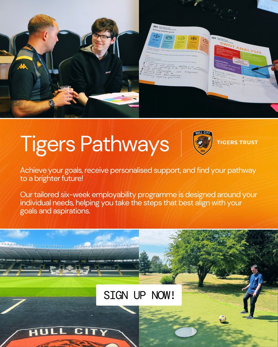 tigerstrust's tweet photo. Looking to grow your confidence and explore new opportunities?

Tigers Pathways is a FREE six-week programme for people aged 16+ to build confidence, develop skills, and take their next step into employment, education, or training. 🌟

➡️ https://t.co/nCnfGMXw8p 

#hcafc https://t.co/Nix68cVmyr