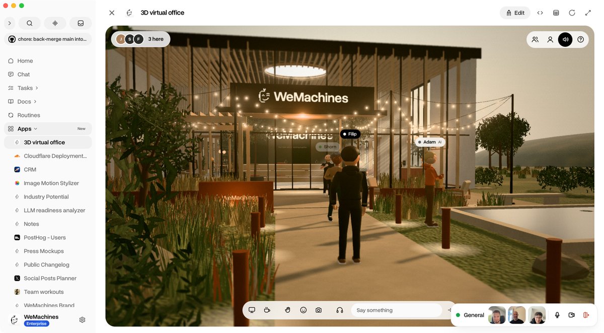 _qub1t's tweet photo. @claudeai  Opus 5.5 one shotted us a realtime virtual office with our up-to-date workspace data - our goals, releases and tasks tracked on TVs. Agents are also in, integrated with @ElevenLabs voice.

Now WeMachines apps are even capable of running peer to peer multiplayer. 

...still on Slack? 😉