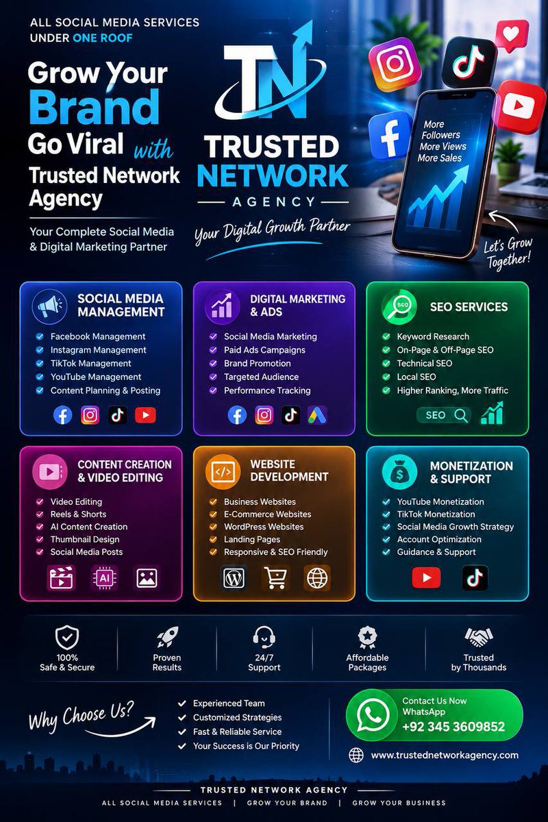 Zulfiqarsh15484's tweet photo. 🚀 Trusted Network Agency — Your complete Social Media & Digital Growth Partner.
📱 Social Media Management | 📈 Digital Marketing | 🎬 Content Creation | 🌐 Website Development | 🔍 SEO | 💰 Monetization Support
Grow Your Brand. Grow Your Business
#Trustednetwork #Trustedservice https://t.co/XfMt9WuI9e