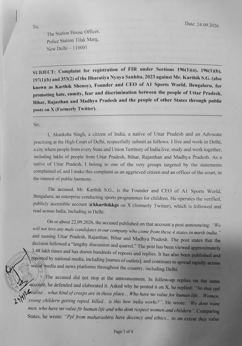 Adv_Akanksha_'s tweet photo. @up_10t_army Legal action initiated. Police complaint filed at PS Tilak Marg, New Delhi against @kkarthikkgs for promoting discrimination, hatred &amp; enmity against people of UP, Bihar, Rajasthan &amp; MP. I and my legal team will act against anyone who tries to divide India's citizens. #EkBharat https://t.co/N8ie9jLF8I
