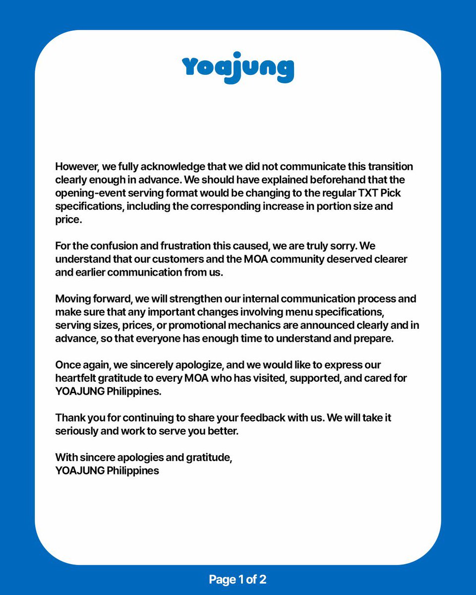 MOAbuhayAcademy's tweet photo. 📢 | YOAJUNG PHILIPPINES STATEMENT

YOAJUNG Philippines has released an official statement on Instagram addressing the recent concerns regarding the TXT Pick menu’s serving size and pricing.

The statement explains what led to the changes, acknowledges the concerns raised by MOAs, and outlines how they plan to improve their communication moving forward.

Filo MOAs may read the full statement below 🤍

#MOAjungInPH