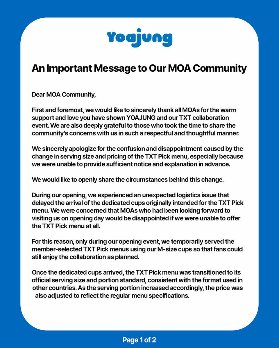 MOAbuhayAcademy's tweet photo. 📢 | YOAJUNG PHILIPPINES STATEMENT

YOAJUNG Philippines has released an official statement on Instagram addressing the recent concerns regarding the TXT Pick menu’s serving size and pricing.

The statement explains what led to the changes, acknowledges the concerns raised by MOAs, and outlines how they plan to improve their communication moving forward.

Filo MOAs may read the full statement below 🤍

#MOAjungInPH