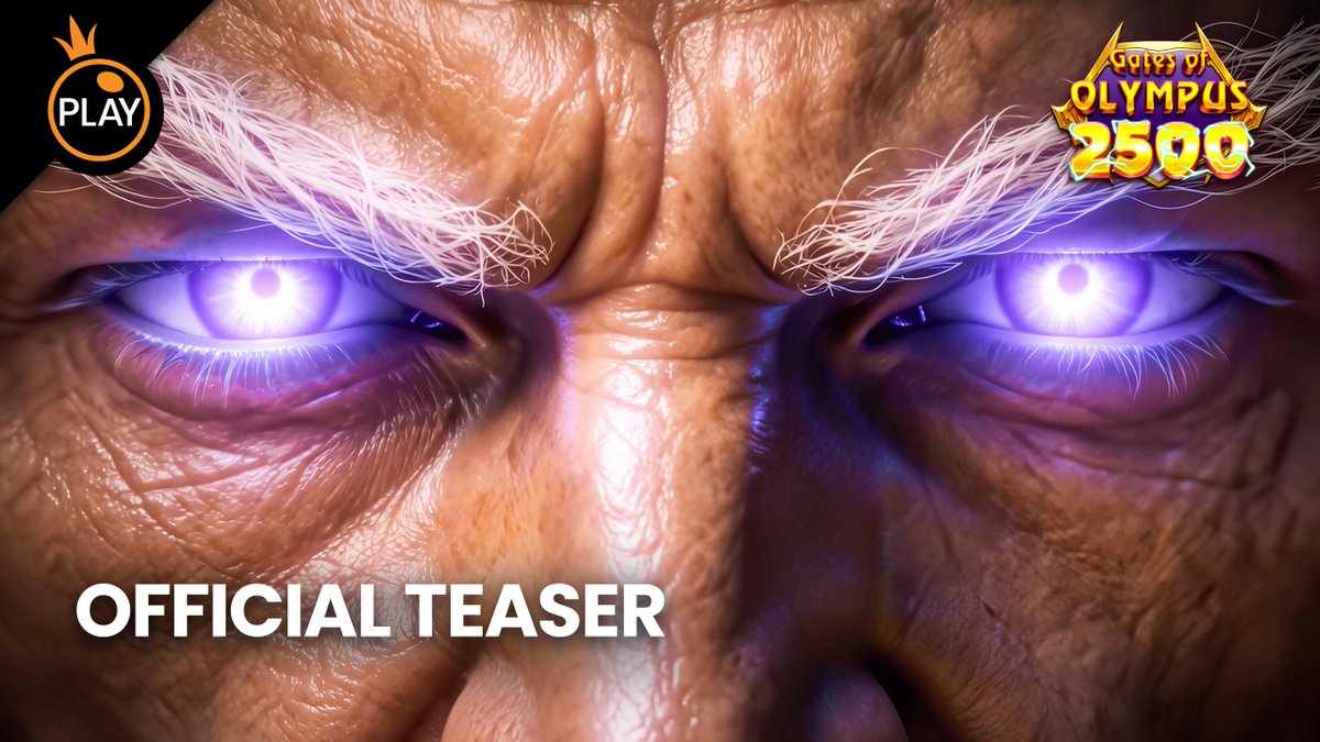 An 'OFFICIAL TEASER' promotional image for the game 'Gates of Olympus 2500' by PLAY, featuring an extreme close-up of an elderly man's face with glowing purple eyes, bushy white eyebrows, and deeply wrinkled skin.