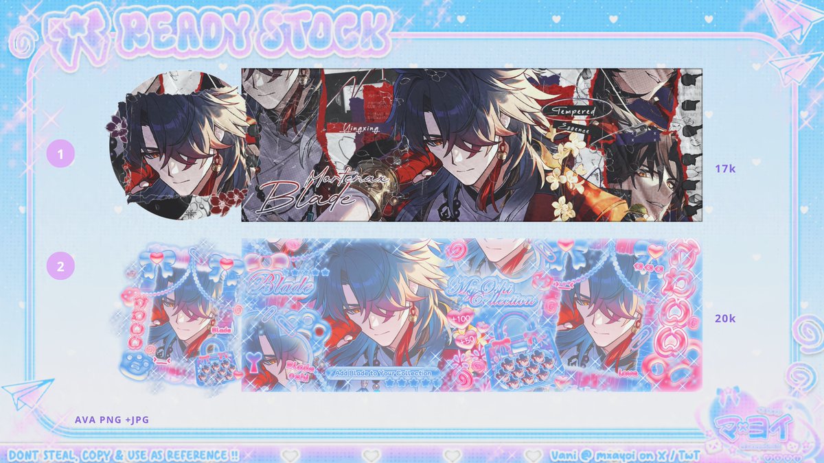 mxayoi's tweet photo. 🍓 Help RT ? Thanks 🍰

Haii! Aku ada 2 layout Ready Stock Blade dengan price 17k &amp; 20k sudah tertera di pict, payment QRIS ♡ Yuk jajan!! ₊˚

#bealanja #2Disell #2Dijajan https://t.co/QeWVt5eDmU