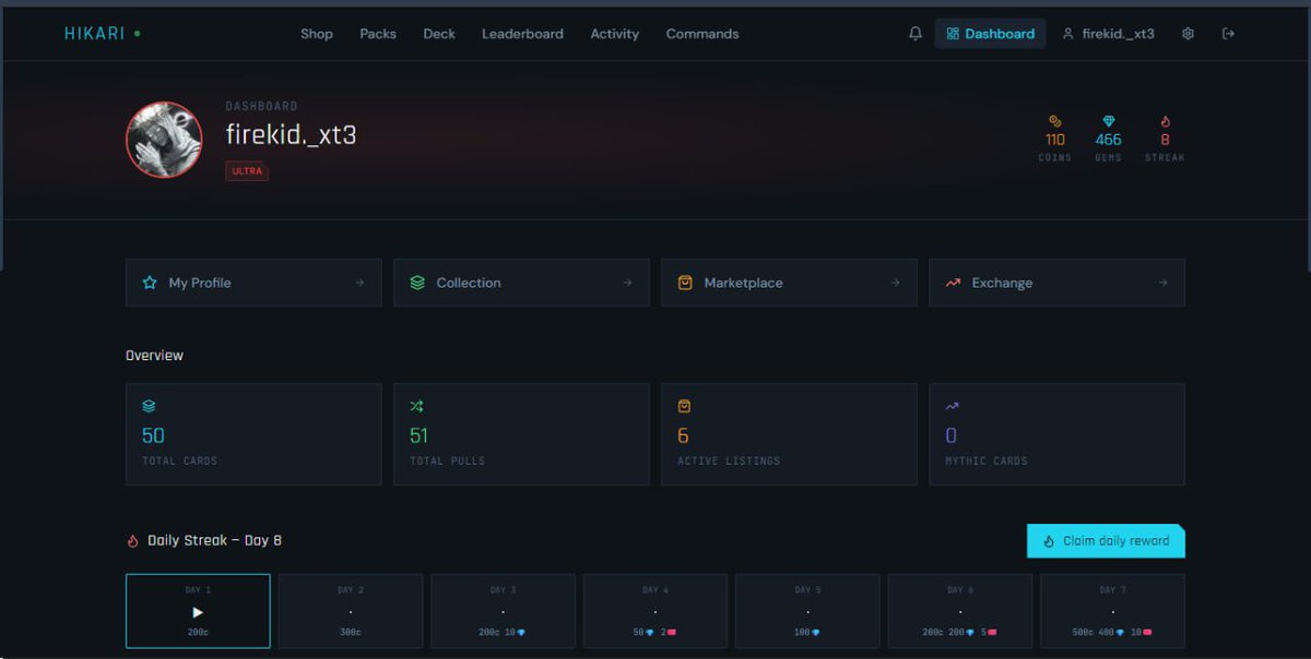 firekid_dev's tweet photo. Day 25

This is hikari, an anime card website for users to trade, buy and flex their tiers of cards, with a discord bot support also https://t.co/mKBHLWAmjh