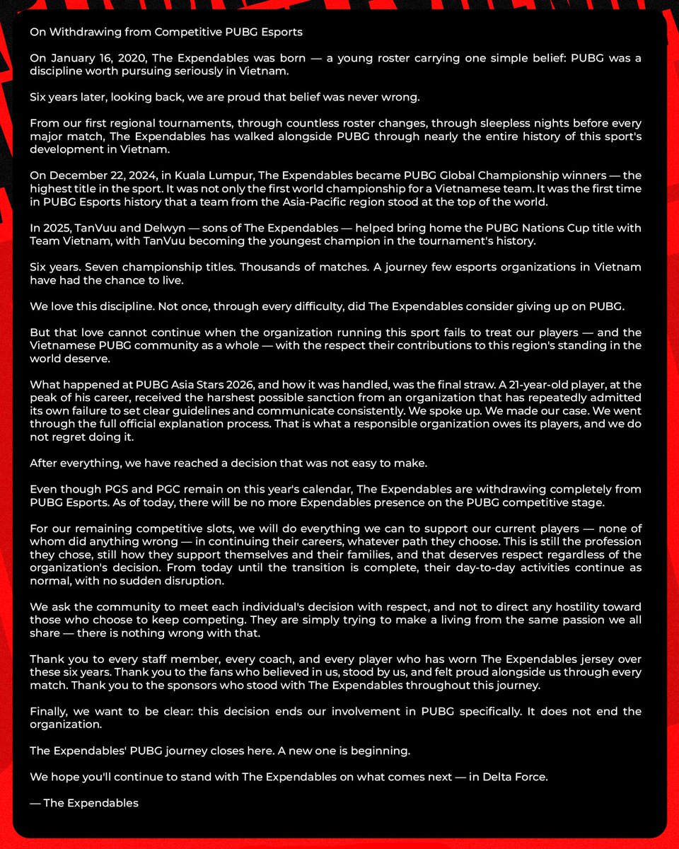 teesportvn's tweet photo. OFFICIAL ANNOUNCEMENT FROM THE EXPENDABLES — Disbanding Our PUBG Division After 6 Years https://t.co/UMwIhCTQ7d