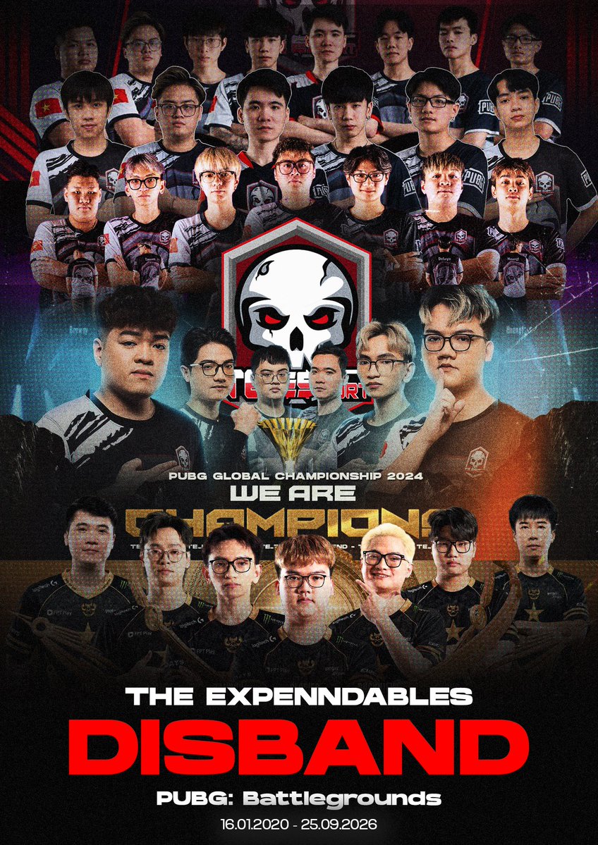 teesportvn's tweet photo. OFFICIAL ANNOUNCEMENT FROM THE EXPENDABLES — Disbanding Our PUBG Division After 6 Years https://t.co/UMwIhCTQ7d
