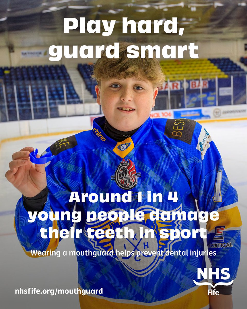 nhsfife's tweet photo. Your smile is worth protecting.

Up to a third of all dental injuries in the UK happen during sport.

Wearing a mouthguard can help: 

✔ Protect your teeth 
✔ Reduce injuries to your lips and gums 

Visit: https://t.co/8xHiFJ2aXw https://t.co/o6SXPFUAAM