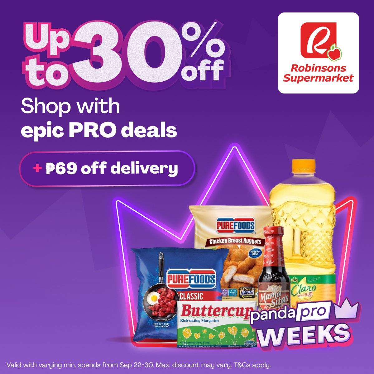 foodpandaPH's tweet photo. Need groceries for meal prep? 🍳 

Enjoy up to 30% OFF + ₱69 off delivery at Robinsons Supermarket today! 🛒✨ https://t.co/JqbvuM5yY0