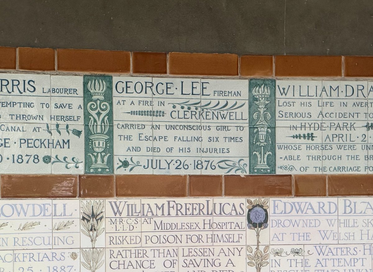patrickc's tweet photo. The small Memorial to Heroic Self-Sacrifice in London's Postman's Park is quite moving: an assembly of earnest Arts and Crafts tiles commemorating people who died saving the lives of others.

George Watts, the creator, in 1887: "My proposal, as you know, is plainly this: that the memory of the deeds of heroism constantly recurring in our everyday life should be perpetuated and honoured as such deeds should, for they illustrate the character of our people as a nation of great acts." And elsewhere: "It is a great pity that they should only receive the recognition of a newspaper paragraph, and be forgotten next day."

I'm often struck by how figures in this period across many countries seem solemnly concerned with the character of the nation.