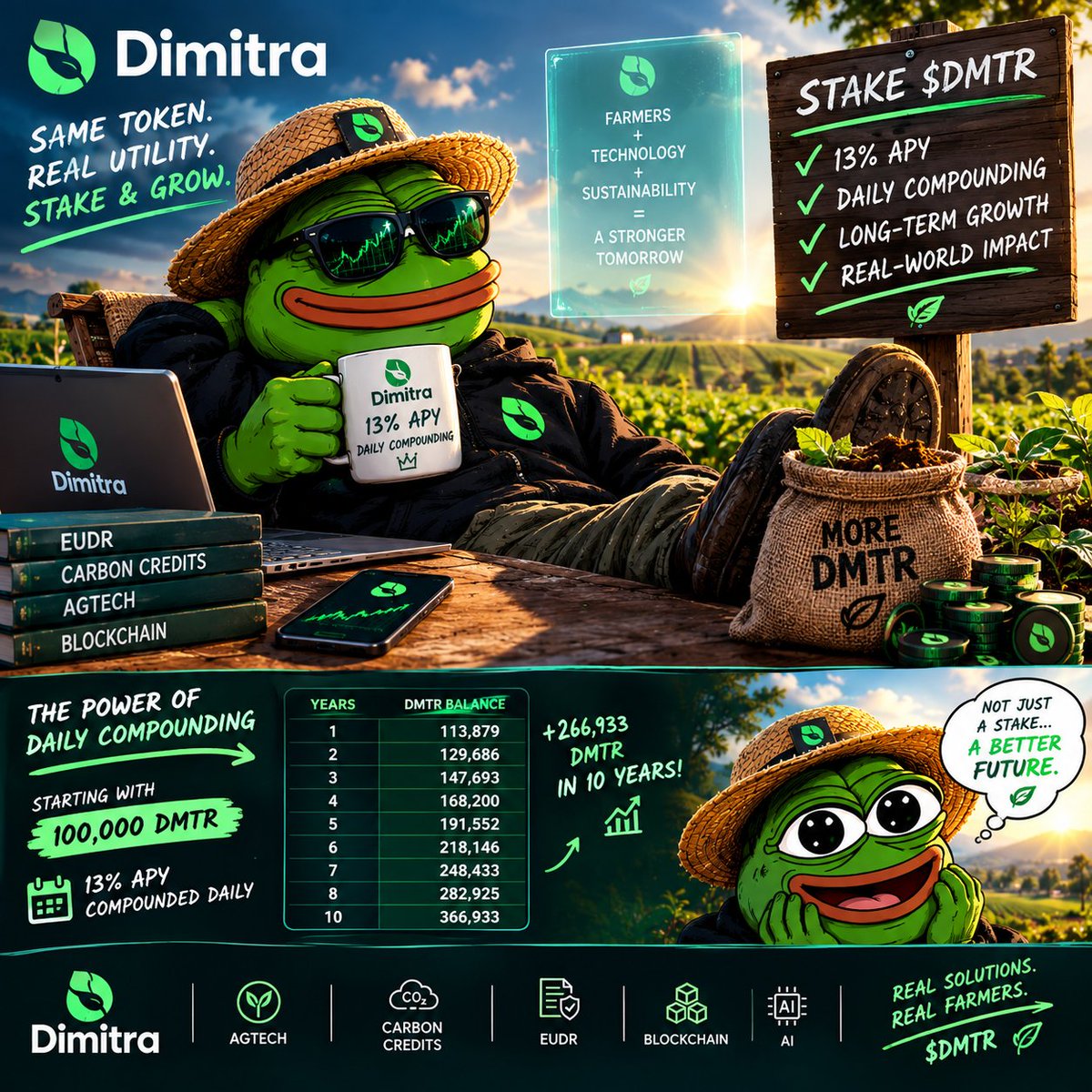 Avatardian's tweet photo. Stake ethereum:0x51cb253744189f11241becb29bedd3f1b5384fdb. Let the rewards compound. 🌱

13% staking + daily compounding can make a big difference over time.

100K DMTR → ~113.8K after 1 year
100K DMTR → ~129.7K after 2 years
100K DMTR → ~147.7K after 3 years

And that’s before any potential change in the ethereum:0x51cb253744189f11241becb29bedd3f1b5384fdb price.

Real utility. Real staking. Long-term compounding.

Follow @dimitratech 

🐸🌱 ethereum:0x51cb253744189f11241becb29bedd3f1b5384fdb will be bigger than ethereum:0xaea46a60368a7bd060eec7df8cba43b7ef41ad85 bittensor:native near:native !!
