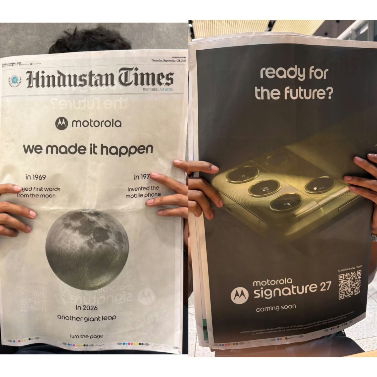 sallysingh7683's tweet photo. No specs dump. No crowded front page.
   Just a bold message that makes you flip the newspaper.
   That’s how you build anticipation. #MotorolaSignature27 https://t.co/WwBNgBG3J5