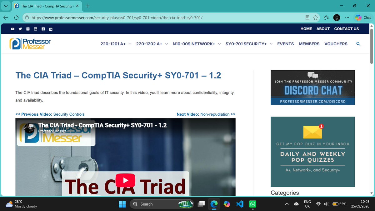 faiz_fawaz234's tweet photo. Day3/60
-Learned the Security Triad and common Security Models and Principles.
- Took Professor Messer Foundational Goal of IT Security.
-Learned the Authentication Authorization and Accounting (AAA).
#60DaysofCyberForge #CyberForgeOAU https://t.co/pXHU1Hskou