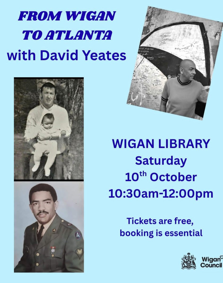 Wiglanta1971's tweet photo. I'm talking all things Burtonwood, Wigan, Atlanta & More
@WiganLibraries
Saturday October 10th
10.30AM
#wigan #Atlanta #ATL #AtlantaGA #Burtonwood
#Memoir #blackhistorymonth
#WiganLibrary https://t.co/AnBAOHC5r6