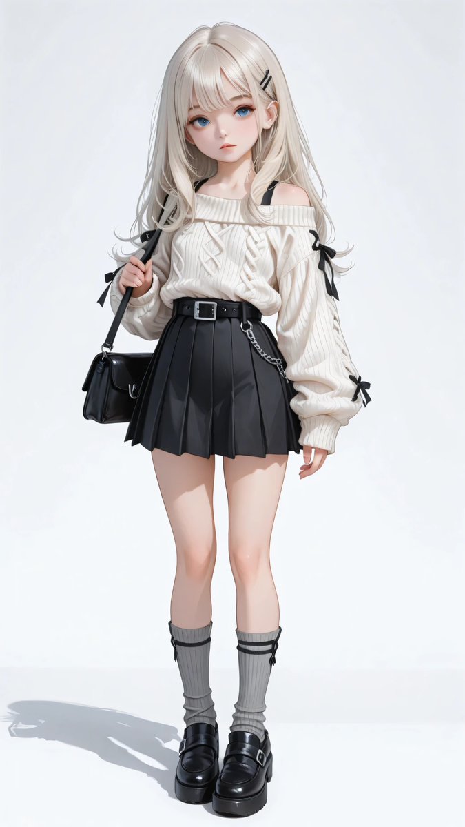AliceLavli's tweet photo. モノトーンのプレッピー系ガーリーコーデの衣装プロンプトをどうぞ✨
faithfully recreating only the outfit from the reference image, outfit focus, soft feminine casual fashion style, off-shoulder oversized knit sweater in a light heather gray color, completely plain knit fabric, wide neckline revealing the shoulders, relaxed loose silhouette, long voluminous sleeves, extra-long ribbed cuffs extending over the hands, fine soft knit texture, dark charcoal gray high-waisted pleated mini skirt, crisp evenly spaced pleats, structured short silhouette, black waist belt with a silver rectangular buckle, gray over-the-knee knit socks with subtle ribbed texture, black chunky platform loafers, rounded toes, thick soles, decorative silver-tone buckle straps and metal hardware, small light gray structured shoulder handbag with a clean simple design and silver hardware, plain handbag surface without attached decorations, exact light heather gray, charcoal gray, black and silver color palette, exact off-shoulder sweater shape, exact pleated skirt silhouette, exact belt placement, exact sock length and footwear design