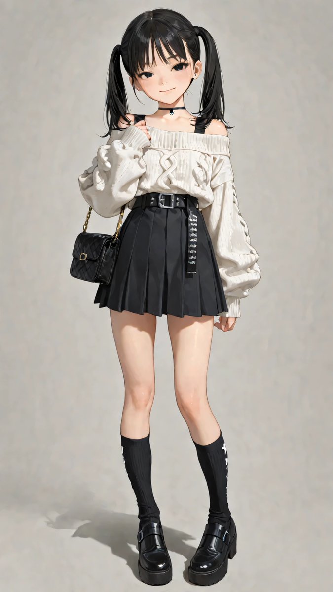 AliceLavli's tweet photo. モノトーンのプレッピー系ガーリーコーデの衣装プロンプトをどうぞ✨
faithfully recreating only the outfit from the reference image, outfit focus, soft feminine casual fashion style, off-shoulder oversized knit sweater in a light heather gray color, completely plain knit fabric, wide neckline revealing the shoulders, relaxed loose silhouette, long voluminous sleeves, extra-long ribbed cuffs extending over the hands, fine soft knit texture, dark charcoal gray high-waisted pleated mini skirt, crisp evenly spaced pleats, structured short silhouette, black waist belt with a silver rectangular buckle, gray over-the-knee knit socks with subtle ribbed texture, black chunky platform loafers, rounded toes, thick soles, decorative silver-tone buckle straps and metal hardware, small light gray structured shoulder handbag with a clean simple design and silver hardware, plain handbag surface without attached decorations, exact light heather gray, charcoal gray, black and silver color palette, exact off-shoulder sweater shape, exact pleated skirt silhouette, exact belt placement, exact sock length and footwear design