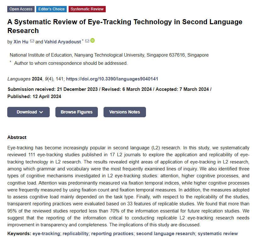 Languages_MDPI's tweet photo. 👀What can eye movements reveal about second language research?
📰 A Systematic Review of Eye-Tracking Technology in Second Language Research
✏️By Xin Hu and Vahid Aryadoust
🔗https://t.co/7sOS9Zrsez
#LanguagesMDPI #Linguistics #EyeTracking #SecondLanguage #LanguageResearch https://t.co/SsNuAi172F