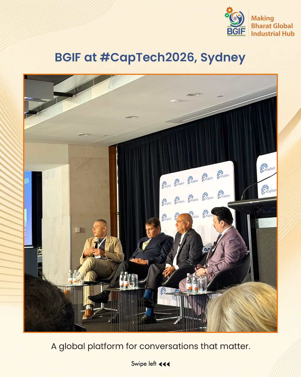 OfficialBGIF's tweet photo. “A proud moment at CapTech 2026, Sydney, where I had the privilege of representing BGIF at the International level and sharing the stage with Hon. Suresh Prabhu, Former Union Cabinet Minister, Government of India, during the panel on “Cross-Border Capital: Connecting Australia, India & Global Markets.”

Sharing the stage with a distinguished statesman like @sureshpprabhu  was truly an honour and a memorable moment for me. It was also an opportunity to present Bharat and BGIF on an international platform and highlight the immense potential for stronger India–Australia business and investment partnerships.”

- Dr. Sidharath S. Sharma, Organisation Secretary, BGIF

Special thanks to the fellow panellists who made this the perfect session:

Shri Suresh Prabhu Ji
Former Union Cabinet Minister, Government of India

CA Sahil Makkar
Managing Director, Punjab Angels Network

Shri Vikram Gupta
Founder & Managing Partner, IvyCap Ventures

🇮🇳🇦🇺

#CapTech2026 #BGIF #ViksitBharat @sureshpprabh