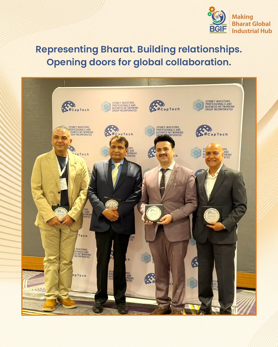 OfficialBGIF's tweet photo. “A proud moment at CapTech 2026, Sydney, where I had the privilege of representing BGIF at the International level and sharing the stage with Hon. Suresh Prabhu, Former Union Cabinet Minister, Government of India, during the panel on “Cross-Border Capital: Connecting Australia, India & Global Markets.”

Sharing the stage with a distinguished statesman like @sureshpprabhu  was truly an honour and a memorable moment for me. It was also an opportunity to present Bharat and BGIF on an international platform and highlight the immense potential for stronger India–Australia business and investment partnerships.”

- Dr. Sidharath S. Sharma, Organisation Secretary, BGIF

Special thanks to the fellow panellists who made this the perfect session:

Shri Suresh Prabhu Ji
Former Union Cabinet Minister, Government of India

CA Sahil Makkar
Managing Director, Punjab Angels Network

Shri Vikram Gupta
Founder & Managing Partner, IvyCap Ventures

🇮🇳🇦🇺

#CapTech2026 #BGIF #ViksitBharat @sureshpprabh