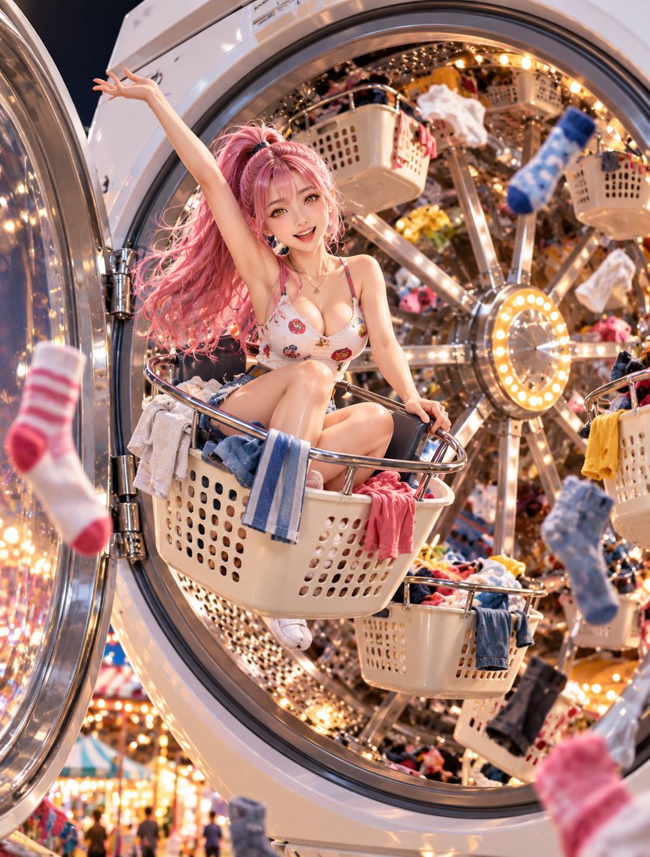 AikoLinLab's tweet photo. 🧪 EXPERIMENT #113

Laundry day just became a theme park. 🧺🎡😂

Mei may never look at a washing machine the same way again.

#AikosLab #MeiChen #LaundryDay #SurrealAI #AIArt https://t.co/g7klIBdLoK