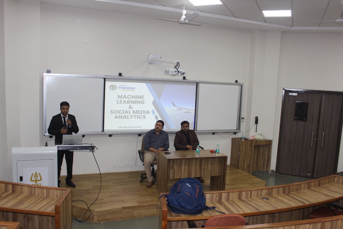 PythonAcademy's tweet photo. Delivered a guest lecture on ML + Social Media Analytics for PGDM students at IMT Nagpur — live demos, real tweets, zero code needed. Thanks Dr. Vikas Choudhary for the invite! #MachineLearning #IMTNagpur #AI #PGDM https://t.co/0hkWeU2Ix7