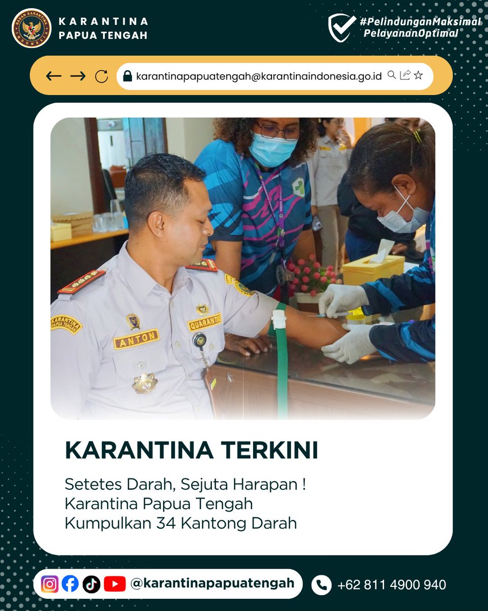 KarantinaPateng's tweet photo. Amolongo SobatQ 👋🏻

Rilis Karantina Papua Tengah, 25 September 2026
Nomor : 106/BKHIT-PT/09/2026

Setetes Darah, Sejuta Harapan! Karantina Papua Tengah Kumpulkan 34 Kantong Darah

Selengkapnya : https://t.co/PWhLY2H163

#karantinapapuatengah #hki149 https://t.co/WTdly3QKTK
