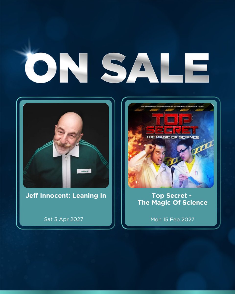 SwindonArtsCent's tweet photo. 🎫ON SALE NOW🎫

Looking for your next night out? Tom Glover and Jeff Innocent are bringing the laughs, while Top Secret has a few surprises up its sleeve 👀

Grab your tickets now! ✨ https://t.co/iIa1mQOJfD