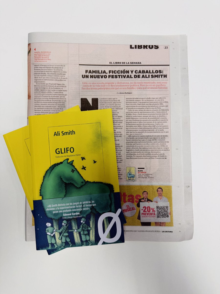 Nordica_Libros's tweet photo. Empezamos bien este viernes al ver que «Glifo», la nueva novela de Ali Smith, es el Libro de la Semana del suplemento @LaLectura_EM de @elmundoes .

Todos los medios están mostrando la importancia de esta obra que es nuestro libro del año.

#alismith 
#glifo https://t.co/0lEDJ7Le8N