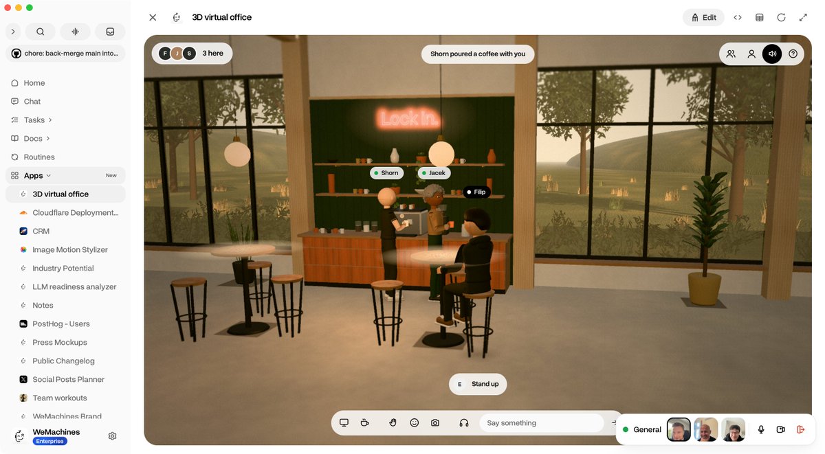 _qub1t's tweet photo. @claudeai  Opus 5.5 one shotted us a realtime virtual office with our up-to-date workspace data - our goals, releases and tasks tracked on TVs. Agents are also in, integrated with @ElevenLabs voice.

Now WeMachines apps are even capable of running peer to peer multiplayer. 

...still on Slack? 😉