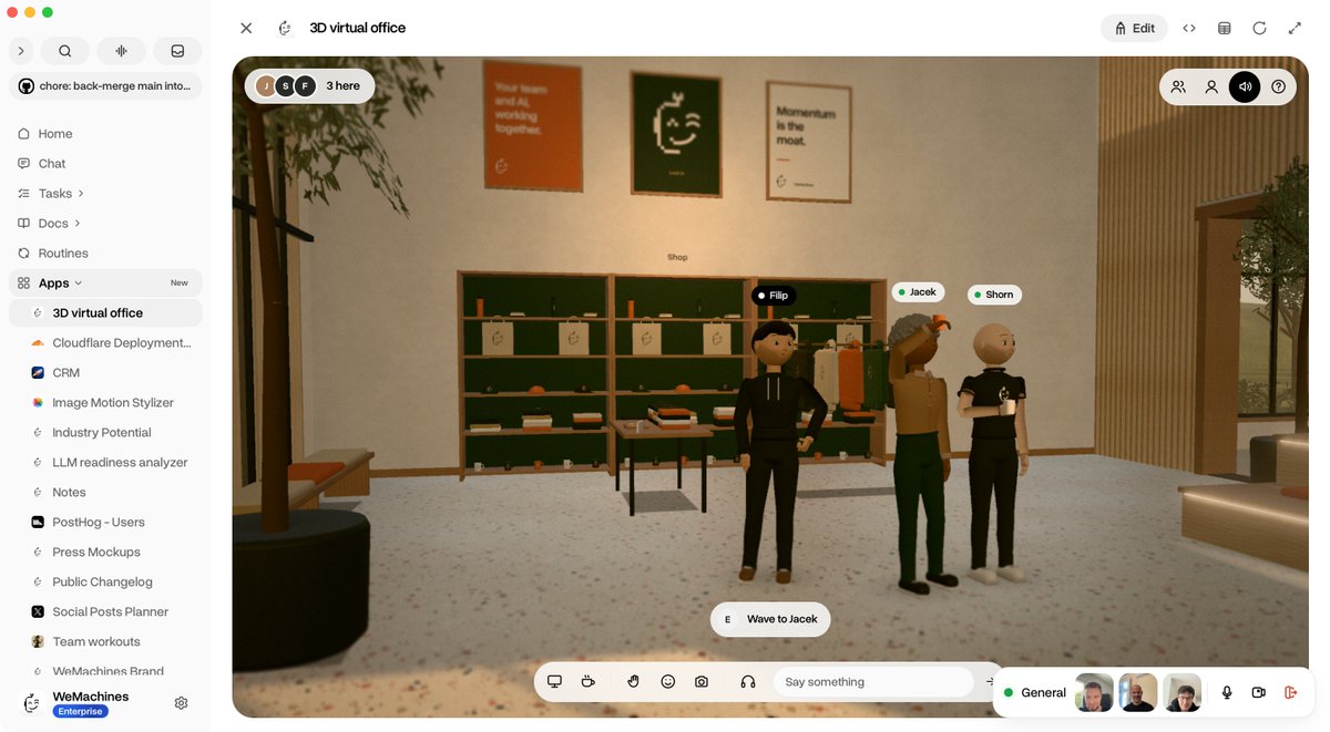 _qub1t's tweet photo. @claudeai  Opus 5.5 one shotted us a realtime virtual office with our up-to-date workspace data - our goals, releases and tasks tracked on TVs. Agents are also in, integrated with @ElevenLabs voice.

Now WeMachines apps are even capable of running peer to peer multiplayer. 

...still on Slack? 😉