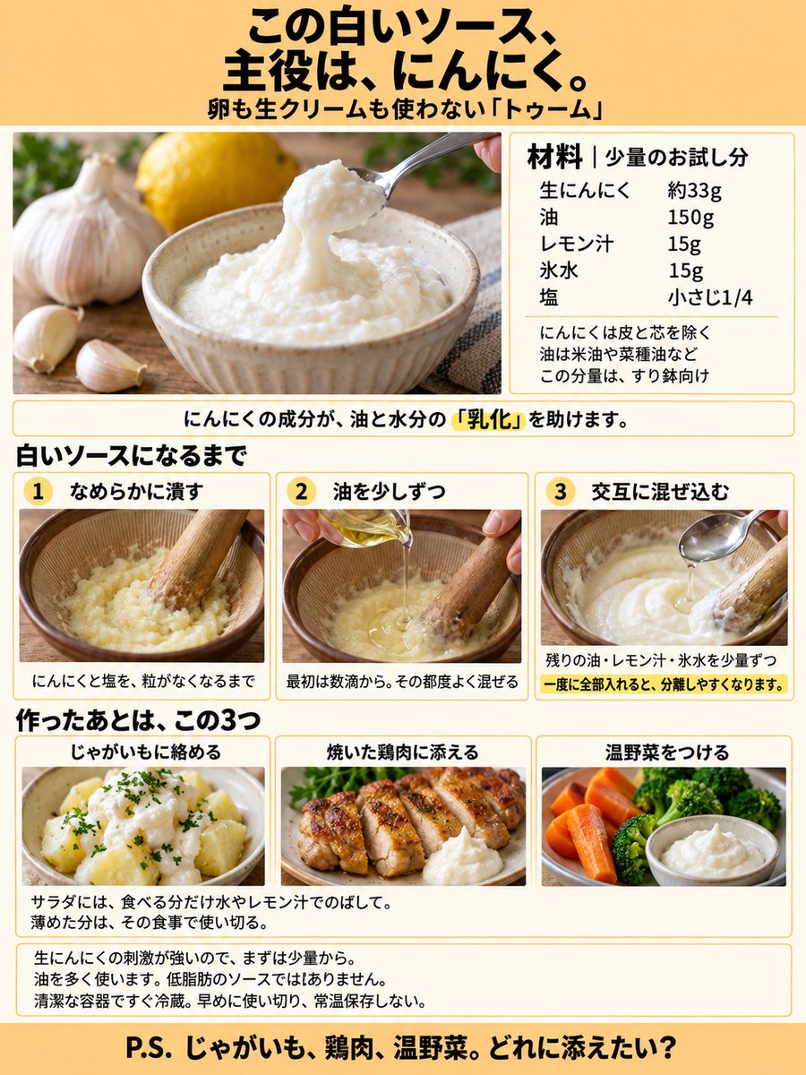 odaherbs's tweet photo. この白いソース、
卵も生クリームも入っていません。

主役は、にんにくです。

いつもは刻んで炒める一片が、
白く、クリーム状のソースになる。

レバノンで親しまれている、
「トゥーム」という食べ方です。

にんにくは、
香りを足すだけの存在ではありません。

含まれるタンパク質やサポニンなどが、
油と水分を混ざった状態に保つ
「乳化」に関わります。

分かれるはずの油と水分が、
なめらかなソースへ。

薬味だったにんにくが、
食感まで作る主役になるんです。

【材料・少量のお試し分】

・生にんにく（皮と芯を除く）約33g  
・クセの少ない油 150g  
・レモン汁 15g  
・氷水 15g  
・塩 小さじ1/4  

油は、米油や菜種油など。
この分量は、すり鉢向けです。

【作り方】

① にんにくと塩をすり鉢へ。  
粒が残らないよう、  
なめらかなペーストにします。

② 油を少量ずつ加え、  
その都度、よくすり混ぜます。  
最初は数滴から、ゆっくりと。

③ 白くまとまってきたら、  
残りの油も少しずつ。  
途中でレモン汁と氷水を少量ずつ挟み、  
混ざったことを確認しながら加えます。

大切なのは、
全部を一度に入れないこと。

油を急いで加えると、
分離することがあります。

材料は身近でも、
一気に混ぜるだけではありません。
少しずつ混ぜ込む時間が、
なめらかさにつながります。

出来上がったら、
まずは蒸したじゃがいもに少し。

温かいじゃがいもに絡めると、
にんにくが香る、
クリーミーな一皿になります。

焼いた鶏肉には、
食べる直前に添える。

いつもの塩焼きが、
ソースを味わう料理へ変わります。

にんじんやブロッコリーなど、
温野菜のディップにも。

野菜の甘さに、
にんにくの風味が重なります。

サラダに使うときは、
食べる分だけ別の器へ。

水やレモン汁を少し混ぜ、
かけやすい濃さにのばします。

薄めた分は、
その食事で使い切ってください。

たくさん塗るより、
まずは少し。

じゃがいもに絡める。
肉に添える。
野菜をつける。

ひとつのソースで、
いつもの食卓に、
三つの使い道が生まれます。

白くやさしそうな見た目でも、
味はしっかり、にんにく。

生にんにくの刺激が強いため、
最初はほんの少量から。
口や胃に刺激を感じたら、
無理に食べないでください。

油も多く使うので、
軽い口当たりでも低脂肪ではありません。

作ったら清潔な容器に入れ、
すぐに冷蔵して早めに使い切る。
常温保存はしないでください。

いつも料理の脇役だったにんにくに、
こんな仕事があった。

香りを足すだけではなく、
ソースの形まで作っていたんです。

P.S. じゃがいも、鶏肉、温野菜。
最初にどれへ添えてみたいですか。