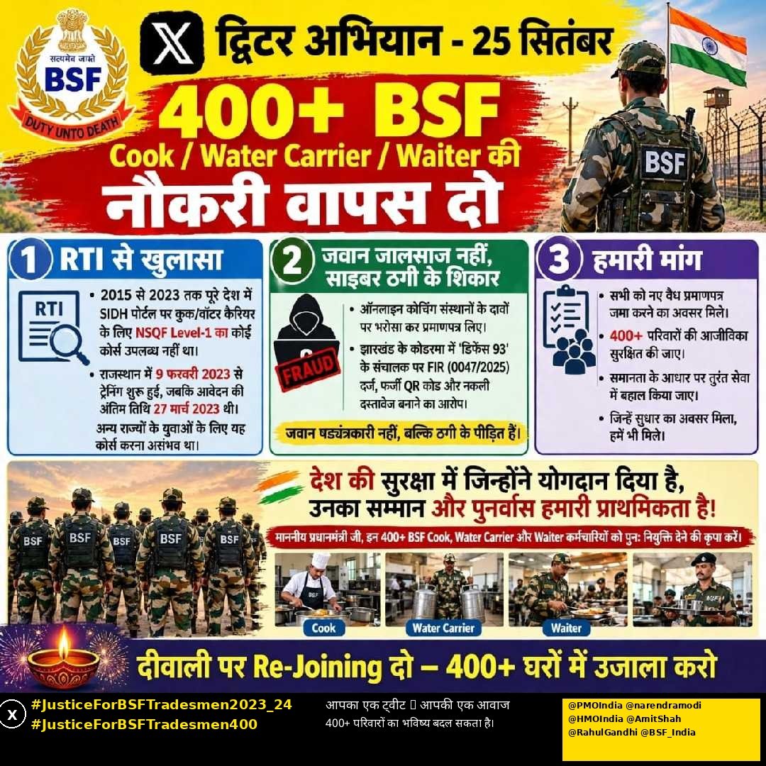 prashantfouji20's tweet photo. #JusticeForBSFTradesmen2023_24
#JusticeForBSFTradesmen400
BSF jawano ko diwali per rejoining do https://t.co/0MpiUCAwBa