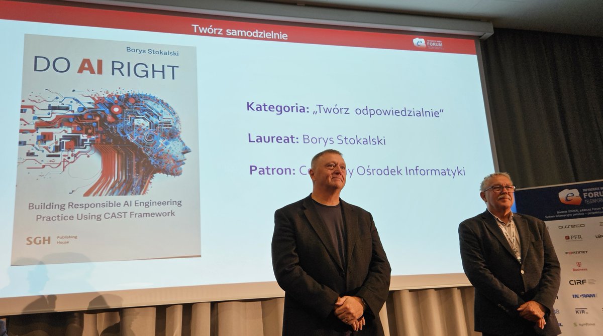 PIITPolska's tweet photo. 🏆 Borys Stokalski z nagrodą za książkę „Do AI Right”

Podczas odbywającego się właśnie XXXII Forum Teleinformatyki Borys Stokalski członek Rady PIIT i przewodniczący Komitetu Przełomowych Technologii PIIT otrzymał nagrodę przyznaną przez Centralny Ośrodek Informatyki w kategorii „Twórz odpowiedzialnie”.

📖 Publikacja podejmuje temat odpowiedzialnego tworzenia rozwiązań opartych na sztucznej inteligencji. To ważny głos w dyskusji o tym, jak łączyć rozwój AI, jej zastosowania i wpływ na ludzi.

Rozwijanie kompetencji w tym obszarze ma szczególne znaczenie dla branży ICT oraz administracji publicznej, coraz szerzej wykorzystujących sztuczną inteligencję.

👏  Gratulujemy Borysowi wyróżnienia i zachęcamy do lektury:  https://t.co/jsMDQenLrC

#PIIT #ForumTeleinformatyki #AI #doairight