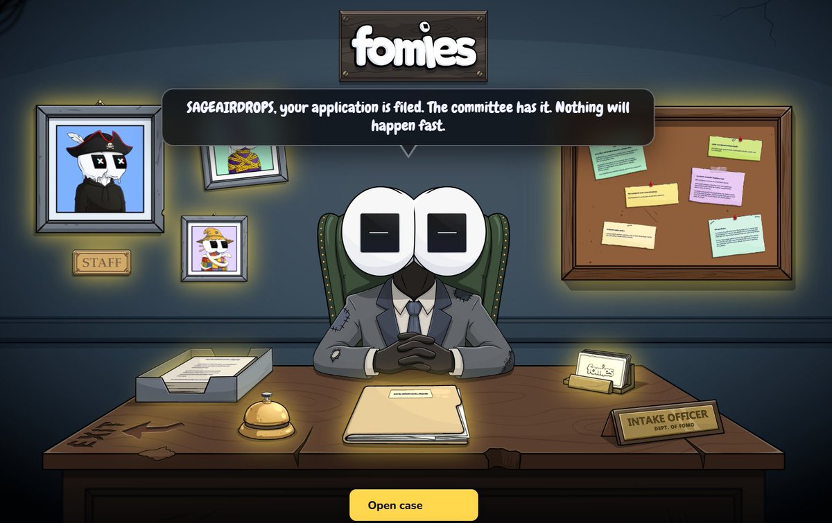 SAGEAIRDROPS's tweet photo. 👀 The Department of FOMO just opened its doors.

@FomiesNFT is building a 10,000 supply free-mint collection around a simple idea: FOMO turned into an entire world.

The interesting part is the experience.

You don't just apply for WL. You enter the Department of FOMO, get your visitor pass, go through intake and wait for your classification.

The art follows the same theme with unique characters, outfits and the iconic FOMO eyes.

🔥 10,000 supply
🆓 Free mint
📋 Phase 1 WL is live
⏳ Mint date TBA

The project is already getting strong attention on CT, but it's still early.

If you're hunting free mints with actual identity instead of another copy-paste PFP, Fomies is worth checking out.

Apply Here : https://t.co/rup34MsvXe

DYOR and use only the official links.