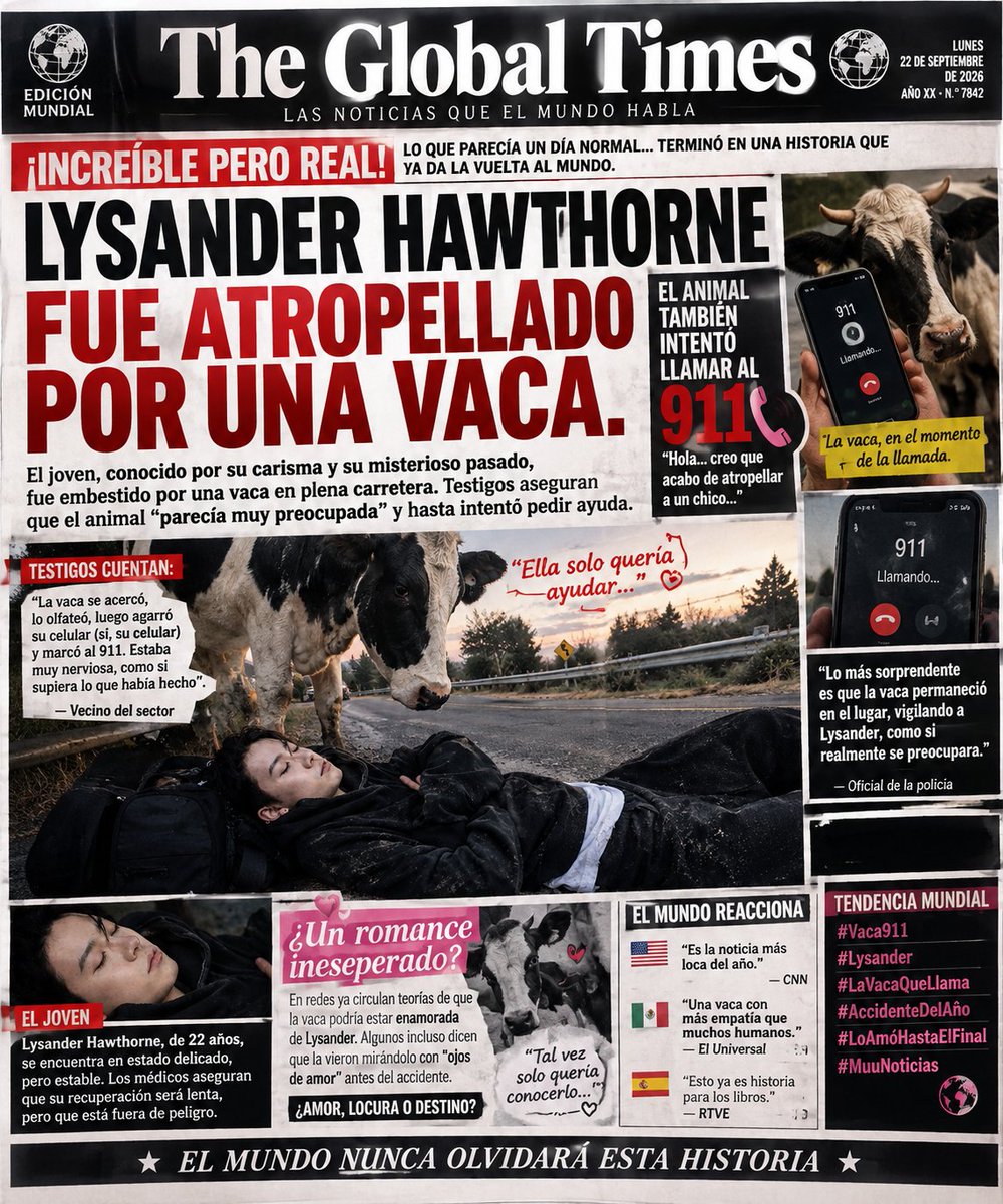 lzrsyg's tweet photo. ¡¡𝐄𝐗𝐓𝐑𝐀, 𝐄𝐗𝐓𝐑𝐀!! 🚨

𝐀 𝐋𝐘𝐒𝐀𝐍𝐃𝐄𝐑 𝐋𝐎 𝐀𝐓𝐑𝐎𝐏𝐄𝐋𝐋Ó 𝐔𝐍𝐀 𝐕𝐀𝐂𝐀.

 ¡¡𝗘𝗫𝗧𝗥𝗔, 𝗘𝗫𝗧𝗥𝗔!! 📢

La distracción casi le costó la vida: 

Lysander iba con audífonos, no vio venir a la vaca y terminó atropellado.

​¿Lo turbio? El animal lo miraba “con ojos de amor”, le marcó al 911 y hoy da la cara entre lágrimas.
  
​¡Abran y lean el periódico completo! 

#Lysander #Vaca911