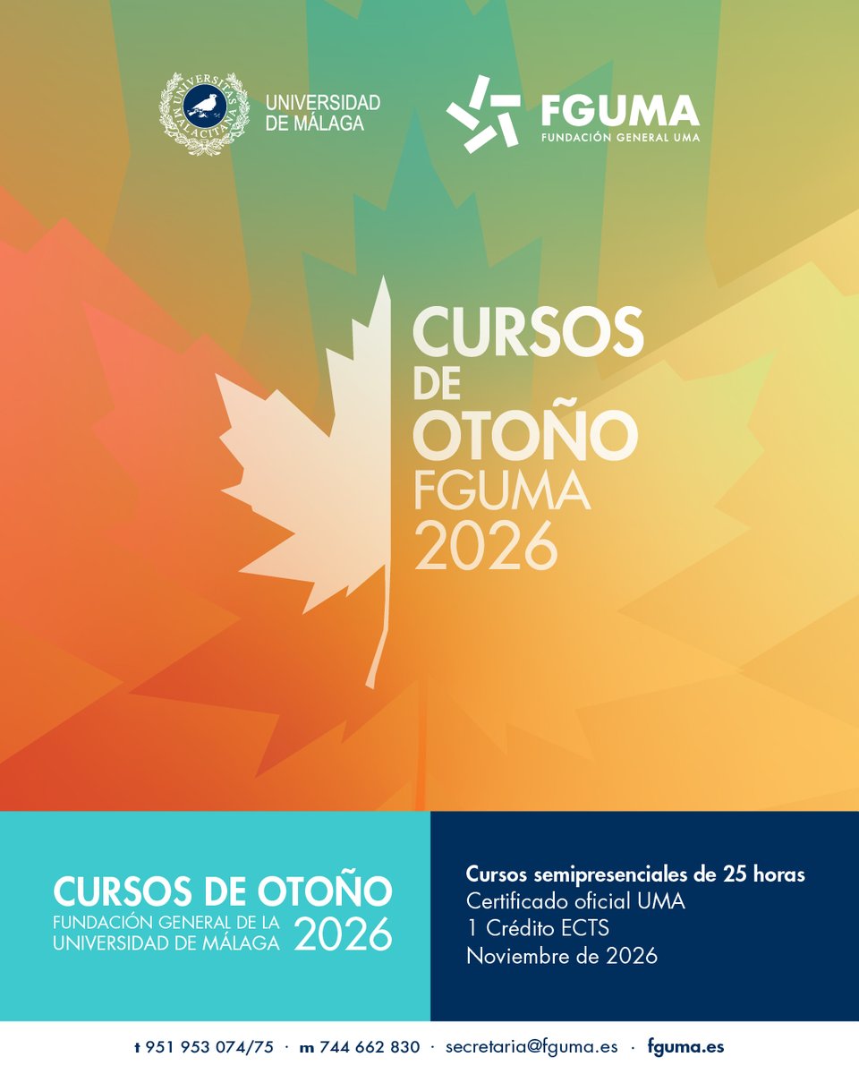 InfoUMA's tweet photo. ¡Abiertas inscripciones para los 🍁 Cursos de Otoño de nuestra @fguma! 

👨‍🏫 46 seminarios, a realizar durante el mes de noviembre.
🙋‍♀️ Dirigidos a comunidad UMA y cualquier persona interesada.
🎓 25 horas semipresenciales, 1 crédito ECTS.

💁ℹ️ https://t.co/zbm5MfuLYd https://t.co/cPcHVFL1oR