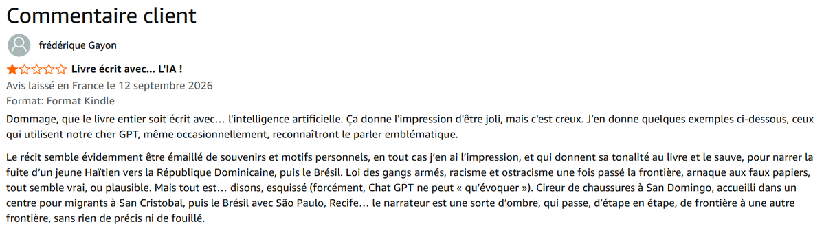 billybr50773227's tweet photo. Dans les commentaires Amazon, cette lectrice lucide a détecté l'IA dès le 12 septembre, bien avant les révélations.
Bravo Madame pour votre franc-parler !
Commentaire entier ici https://t.co/Bn74zvZiY3 https://t.co/z8J68KwWEc