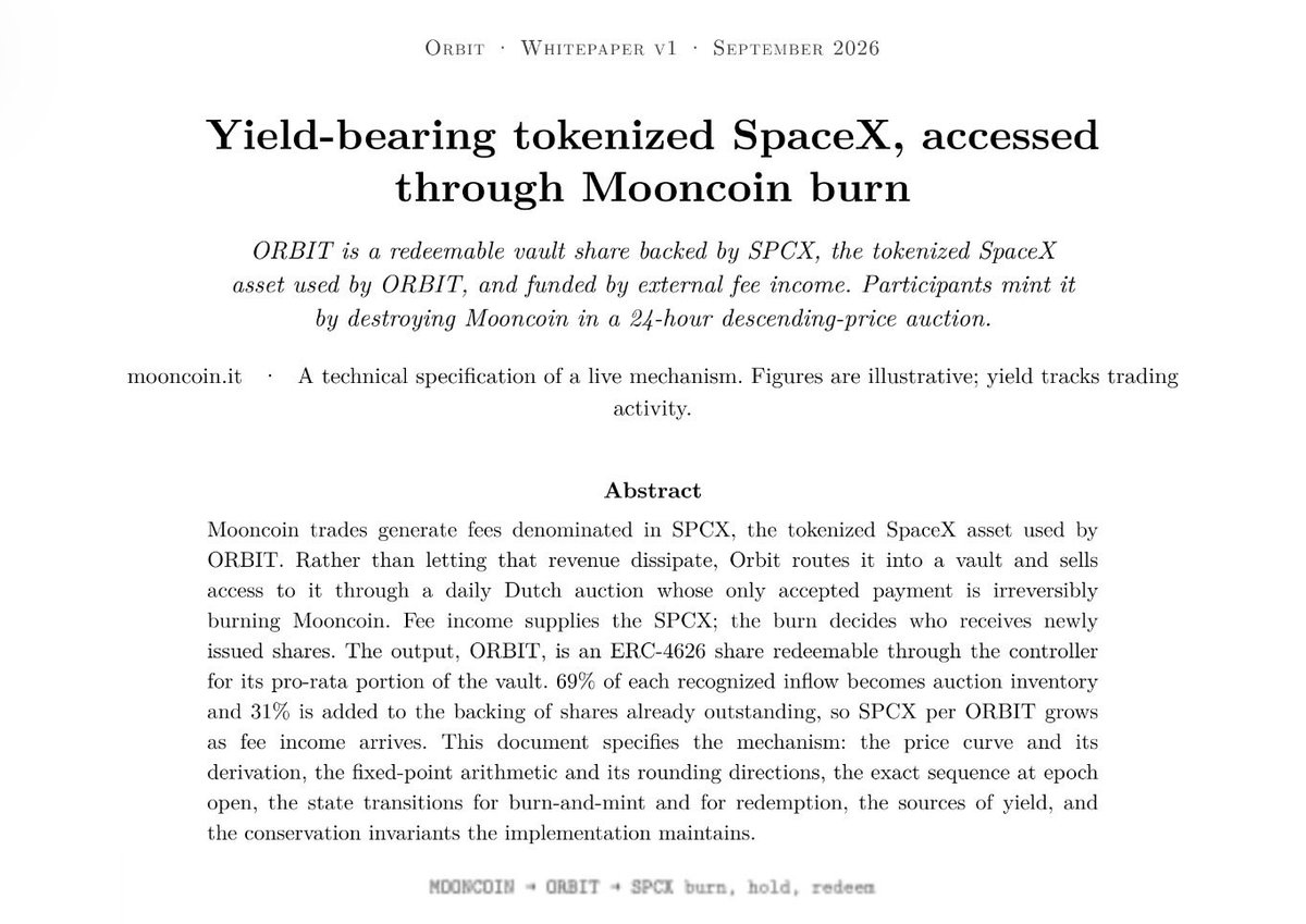 mooncoin_it's tweet photo. RH needs a new narrative.

What if stock memes become DATs for the stocks they’re paired with?

What Strategy did for BTC, Mooncoin is doing for SPCX: using its economics to continuously accumulate the underlying asset.

Mooncoin may be the first, but the playbook is open to anyone:

Create a vault → route fees to it → grow stock per token over time.

The ORBIT whitepaper lays out how this works.

https://t.co/uj8aPL90BN
