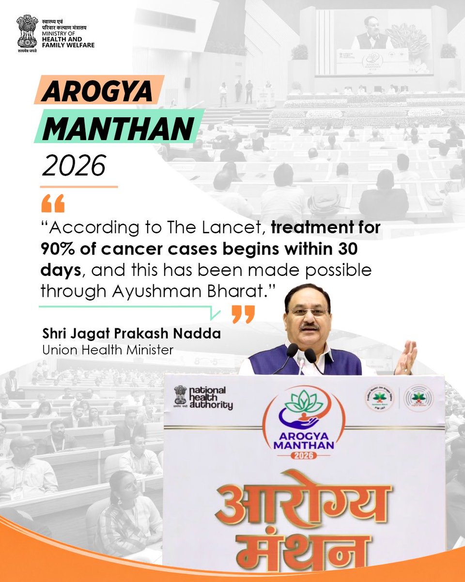 MoHFW_INDIA's tweet photo. 𝗧𝗶𝗺𝗲𝗹𝘆 𝗮𝗰𝗰𝗲𝘀𝘀 𝘁𝗼 𝗾𝘂𝗮𝗹𝗶𝘁𝘆 𝗰𝗮𝗿𝗲 𝗿𝗲𝗺𝗮𝗶𝗻𝘀 𝗰𝗲𝗻𝘁𝗿𝗮𝗹 𝘁𝗼 𝗶𝗺𝗽𝗿𝗼𝘃𝗶𝗻𝗴 𝗵𝗲𝗮𝗹𝘁𝗵 𝗼𝘂𝘁𝗰𝗼𝗺𝗲𝘀.

At Arogya Manthan 2026, Union Health Minister Shri Jagat Prakash Nadda highlighted the role of Ayushman Bharat in enabling timely access to treatment and strengthening financial protection for patients.

He underscored the Government’s continued commitment to ensuring that quality healthcare is accessible, affordable and responsive to the needs of citizens across the country.

#ArogyaManthan2026 #AyushmanBharat #HealthForAll